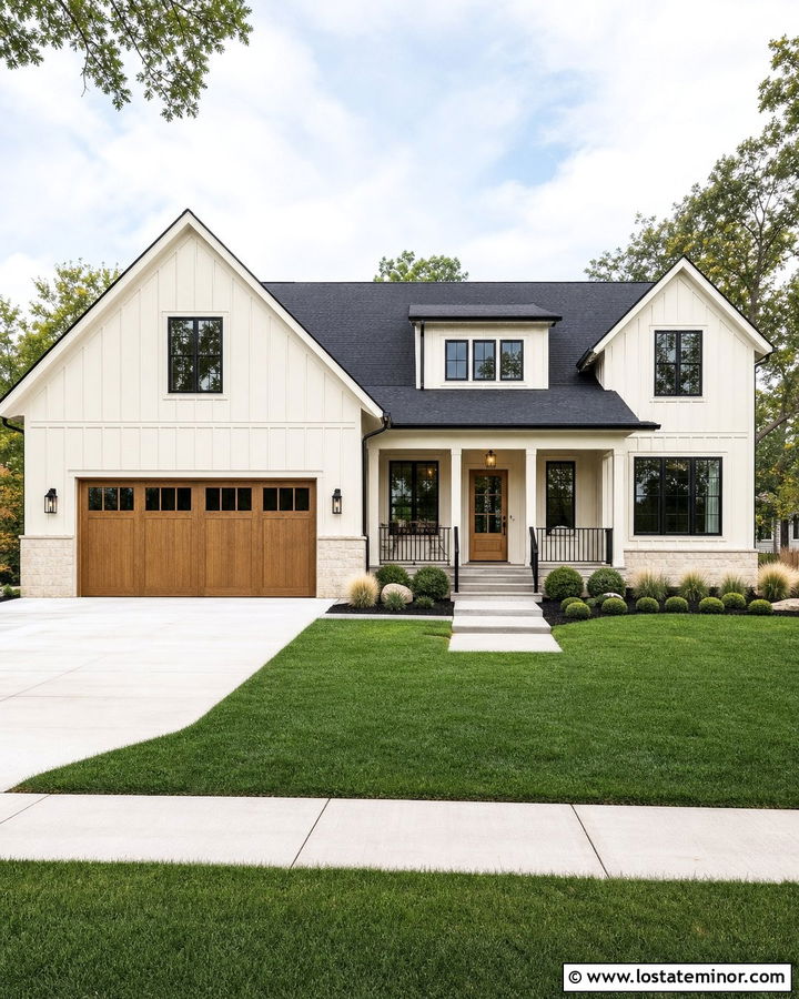 Off White House With Wood Garage Door And Black Windows - 30 Off White House Design With Garage Door Ideas