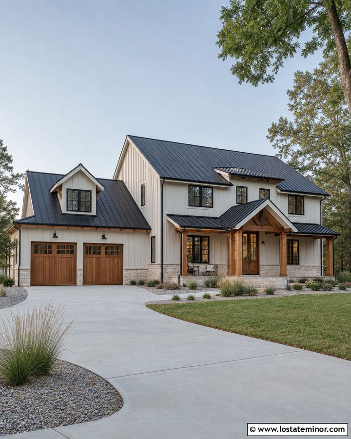 Off White House With Wood Garage Door And Metal Roof - 30 Off White House Design With Garage Door Ideas