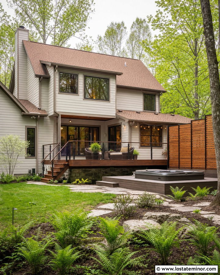 Off White House With Wooded Hot Tub Deck - 30 Off White House Design With Backyard Ideas