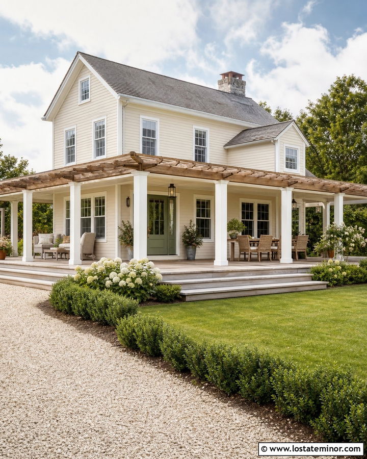 Off White House With Wraparound Pergola Porch - 30 Off White House Design With Pergola Ideas