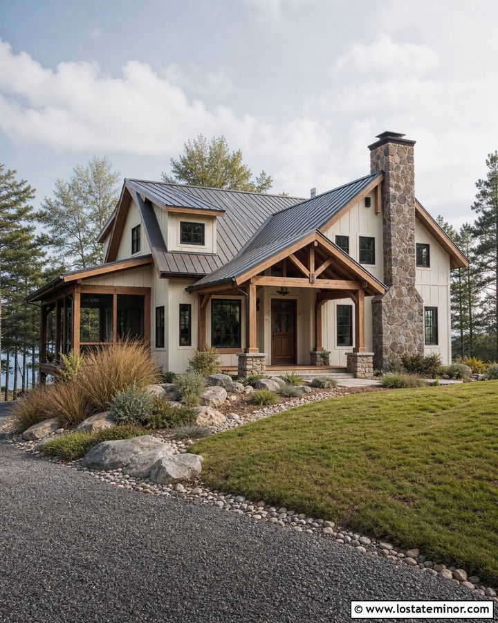 Off White Lake House With Bronze Storm Door - 30 Off White House Design With Storm Door Ideas