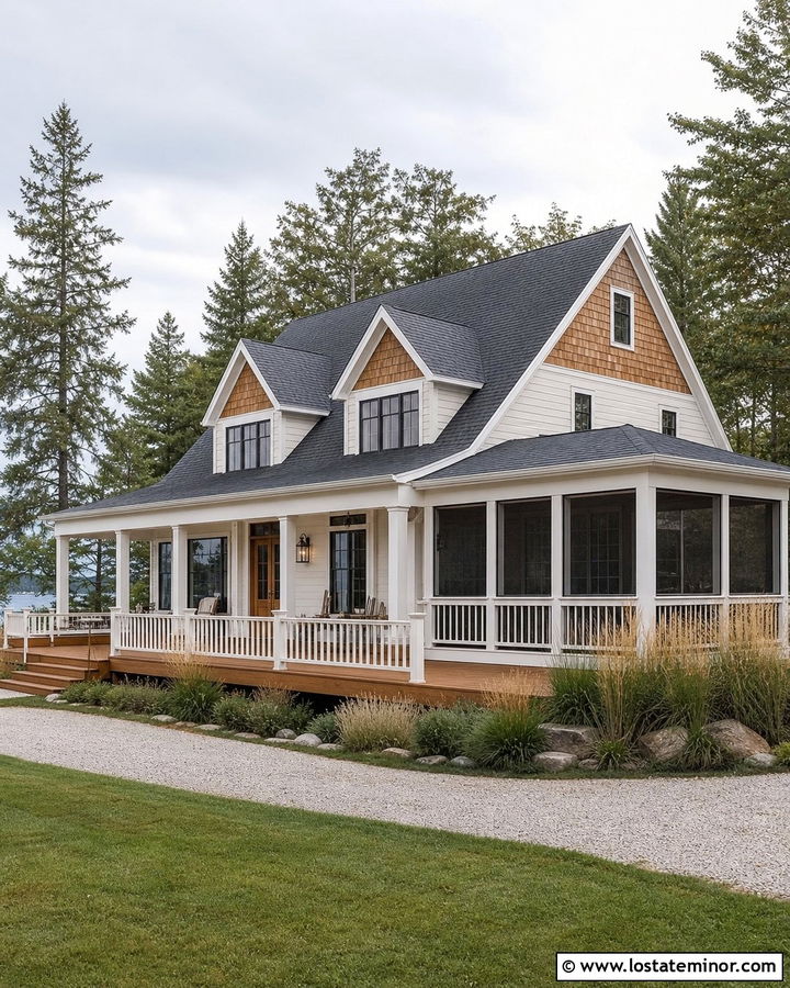 Off White Lake House With Cedar Shake And Wood Deck - 30 Off White House Design With Cedar Shake Ideas
