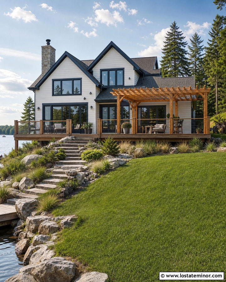 Off White Lake House With Deck Pergola - 30 Off White House Design With Pergola Ideas