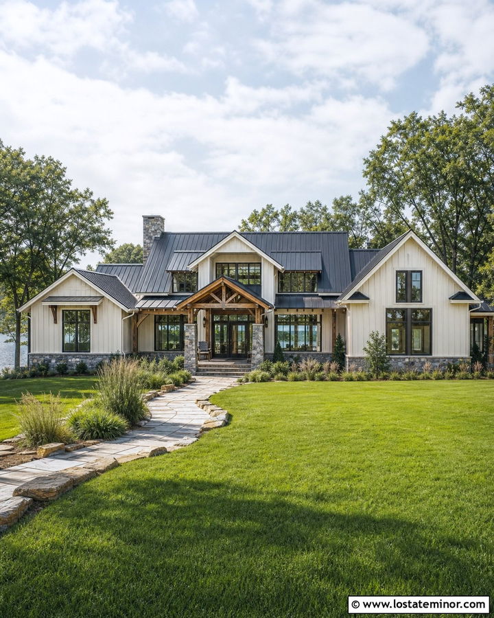 Off White Lake House With Gray Stone - 30 Off White House Design With Stone Accents Ideas