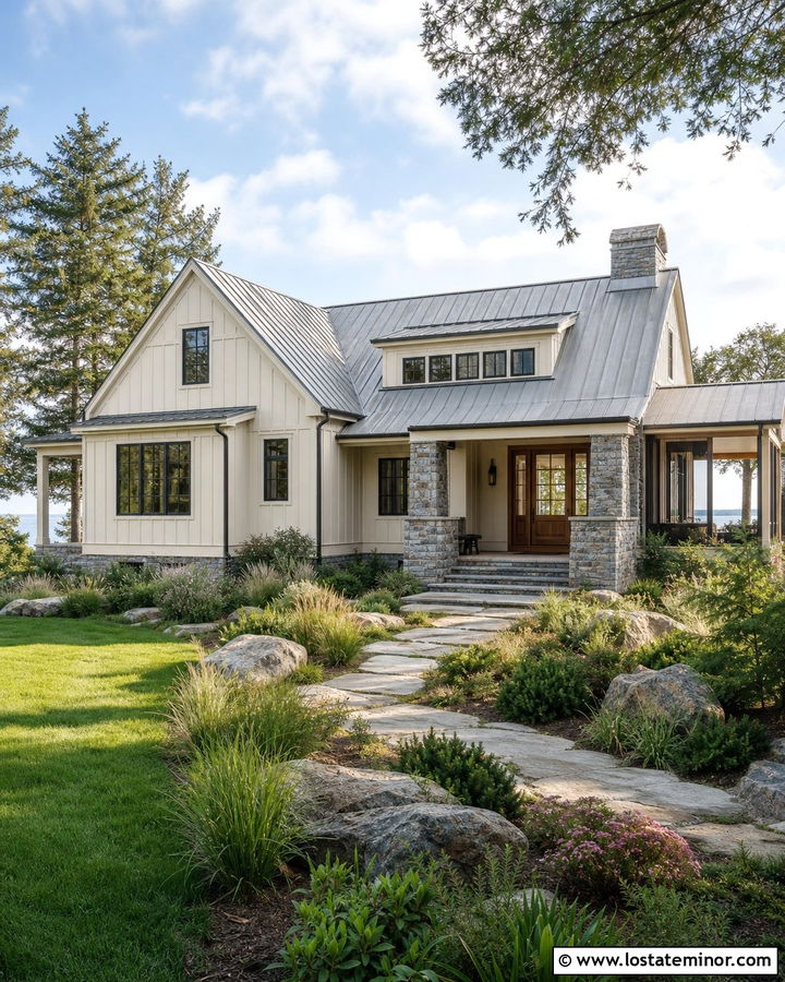 Off White Lake House With Natural Stone Landscaping - 30 Off White House Design With Landscaping Ideas