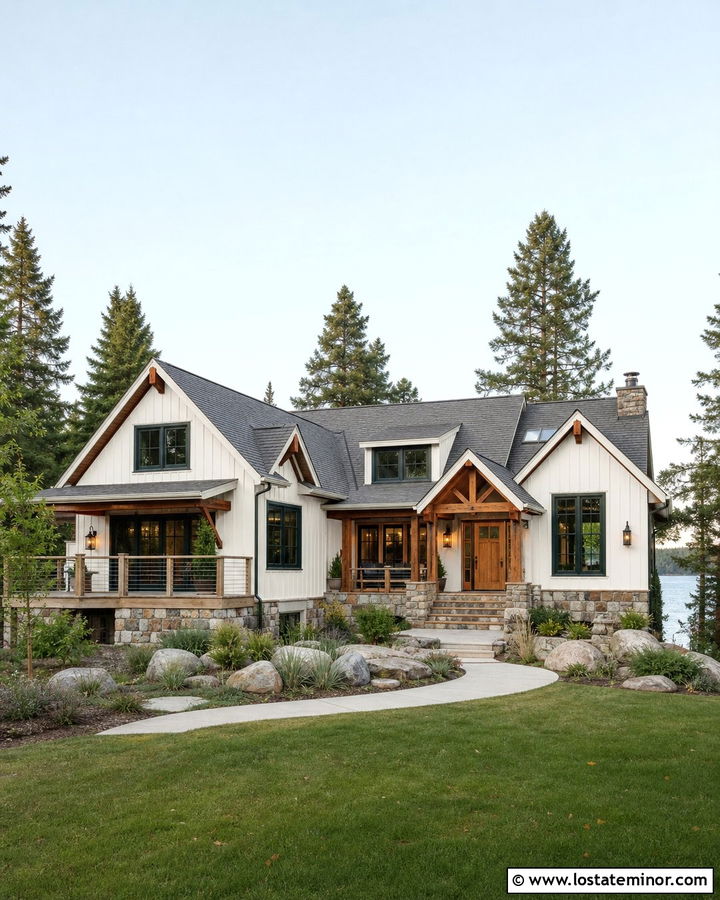 Off White Lake House With Rustic Lights - 30 Off White House Design With Light Fixtures Ideas