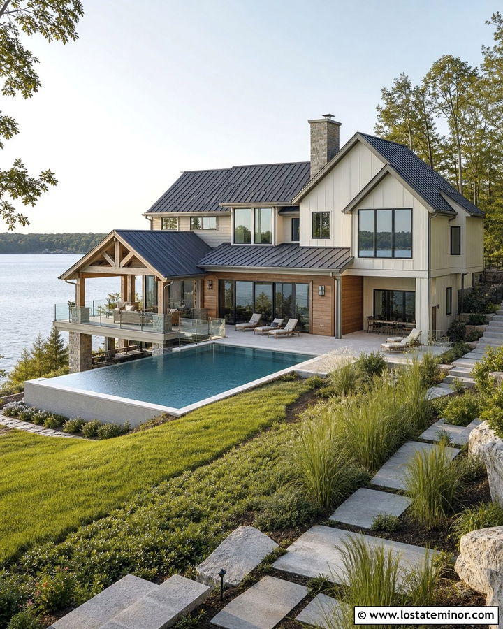 Off White Lake House With Vanishing Edge Pool - 30 Off White House Design With Swimming Pool Ideas