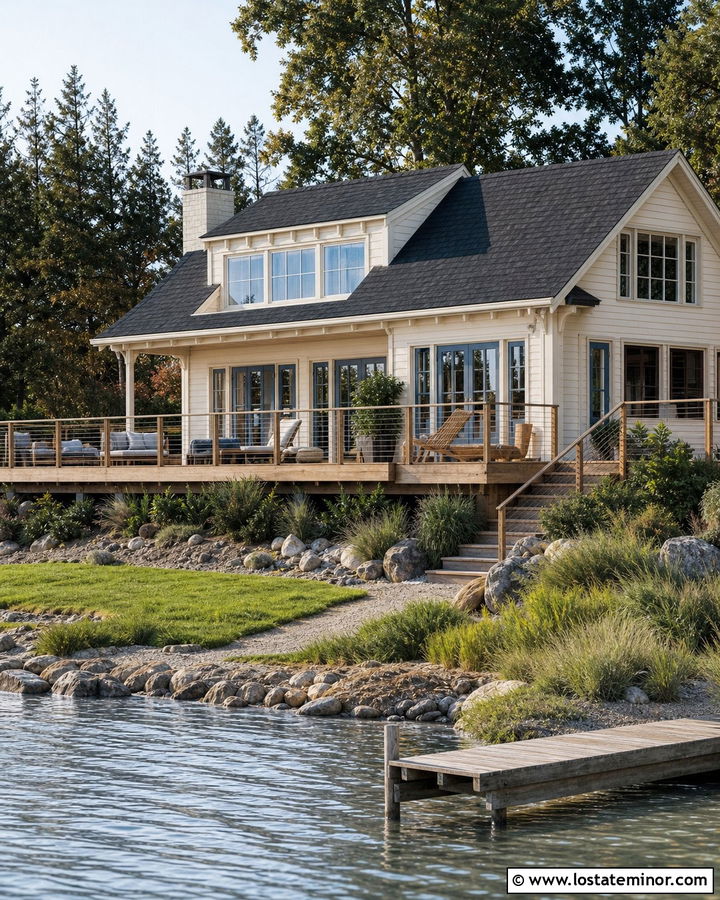 Off White Lake House With Waterside Backyard - 30 Off White House Design With Backyard Ideas