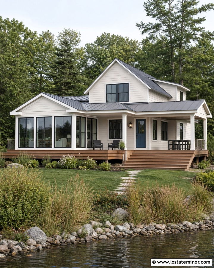Off White Lake House With Wraparound Sunroom Deck - 30 Off White House Design With Sunroom Ideas