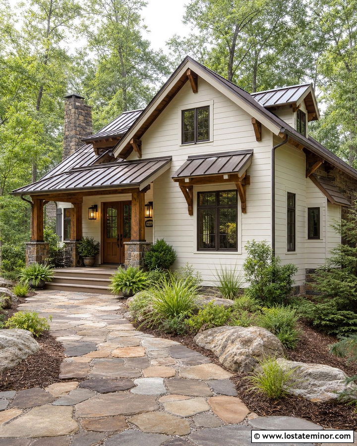 Off White Log Cabin With Natural Stone Walkway - 30 Off White House Design With Walkway Ideas
