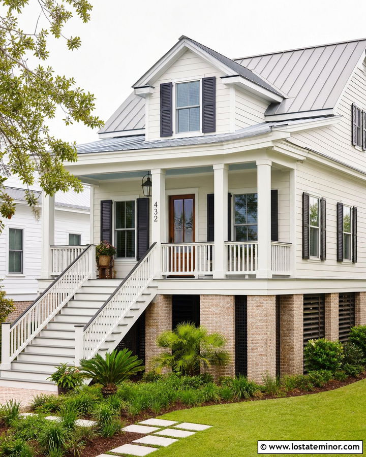 Off White Low Country House With Porch Numbers - 30 Off White House Design With House Numbers Ideas