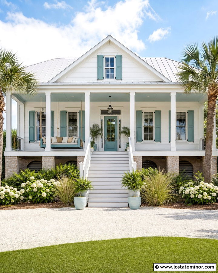 Off White Low Country House With Teal Swing - 30 Off White House Design With Swing Ideas
