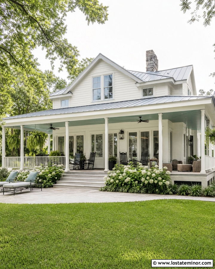 Off White Lowcountry House With Wraparound Back Porch - 30 Off White House Design With Backyard Ideas