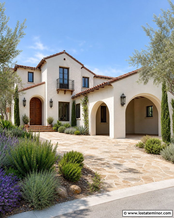 Off White Mediterranean House With Arched Carport - 30 Off White House Design With Carport Ideas