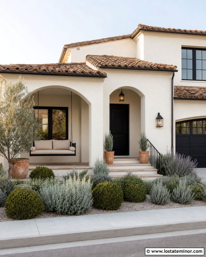 Off White Mediterranean House With Black Swing - 30 Off White House Design With Swing Ideas