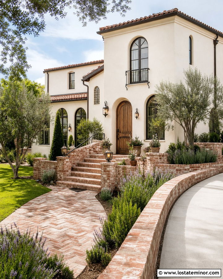 Off White Mediterranean House With Brick Courtyard - 30 Off White House Design With Brick Accents Ideas