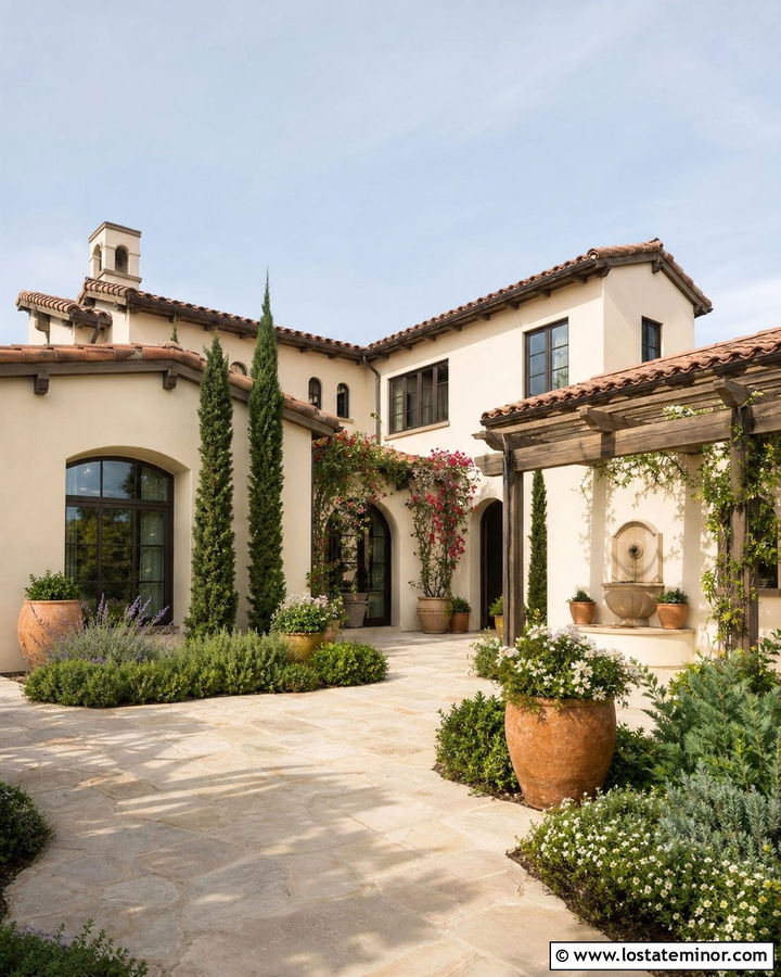 Off White Mediterranean House With Courtyard Backyard - 30 Off White House Design With Backyard Ideas