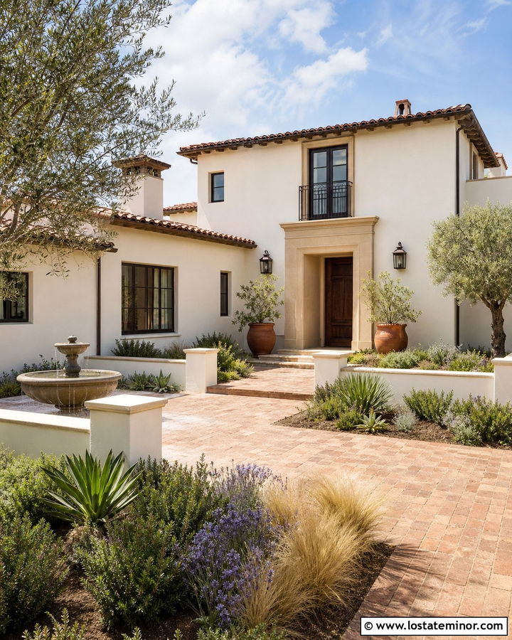 Off White Mediterranean House With Courtyard Garden - 30 Off White House Design With Front Yard Ideas
