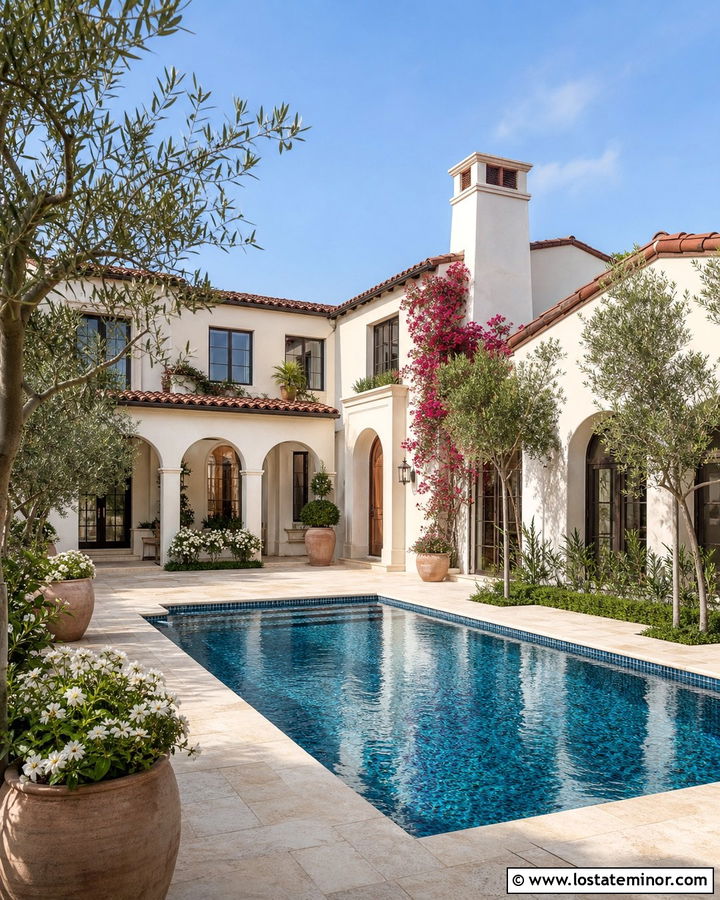Off White Mediterranean House With Courtyard Pool - 30 Off White House Design With Swimming Pool Ideas