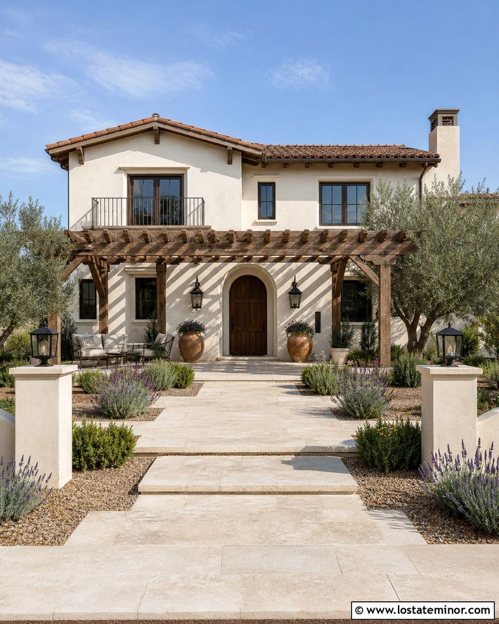 Off White Mediterranean House With Rustic Pergola - 30 Off White House Design With Pergola Ideas