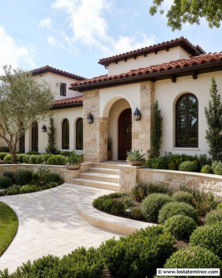 Off White Mediterranean House With Stone Columns - 30 Off White House Design With Porch Columns Ideas