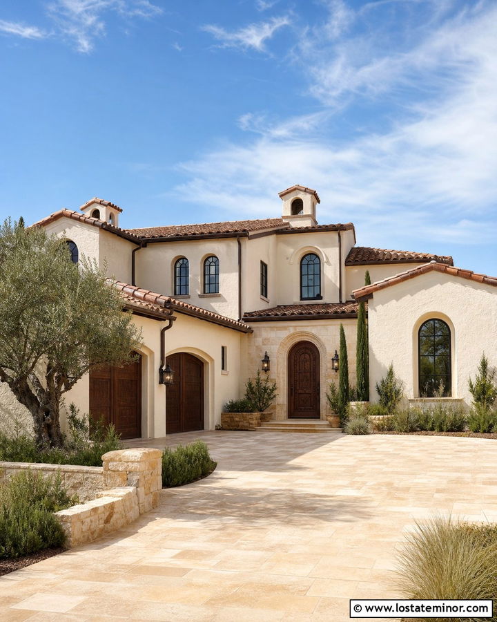 Off White Mediterranean House With Stone Driveway - 30 Off White House Design With Driveway Ideas