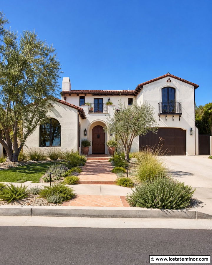 Off White Mediterranean House With Terracotta Walkway - 30 Off White House Design With Walkway Ideas