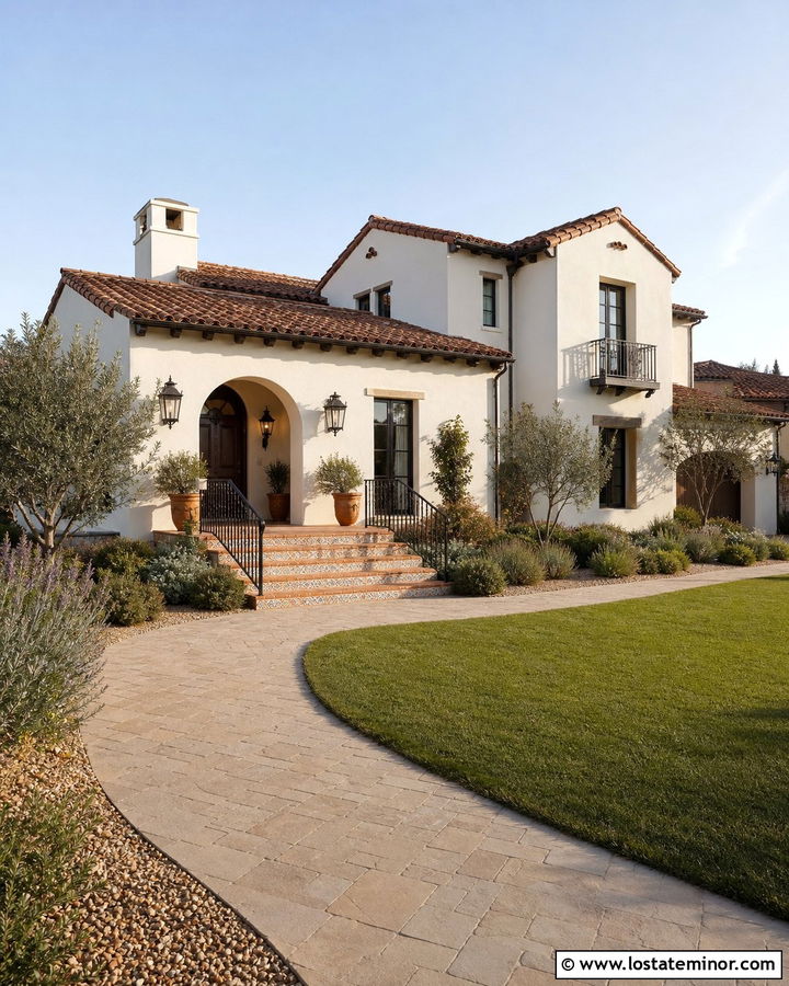 Off White Mediterranean House With Tiled Front Porch - 30 Off White House Design With Front Porch Ideas