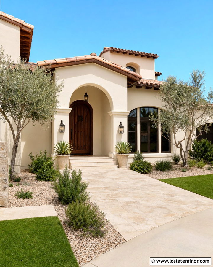 Off White Mediterranean House With Tiled Portico - 30 Off White House Design With Portico Ideas