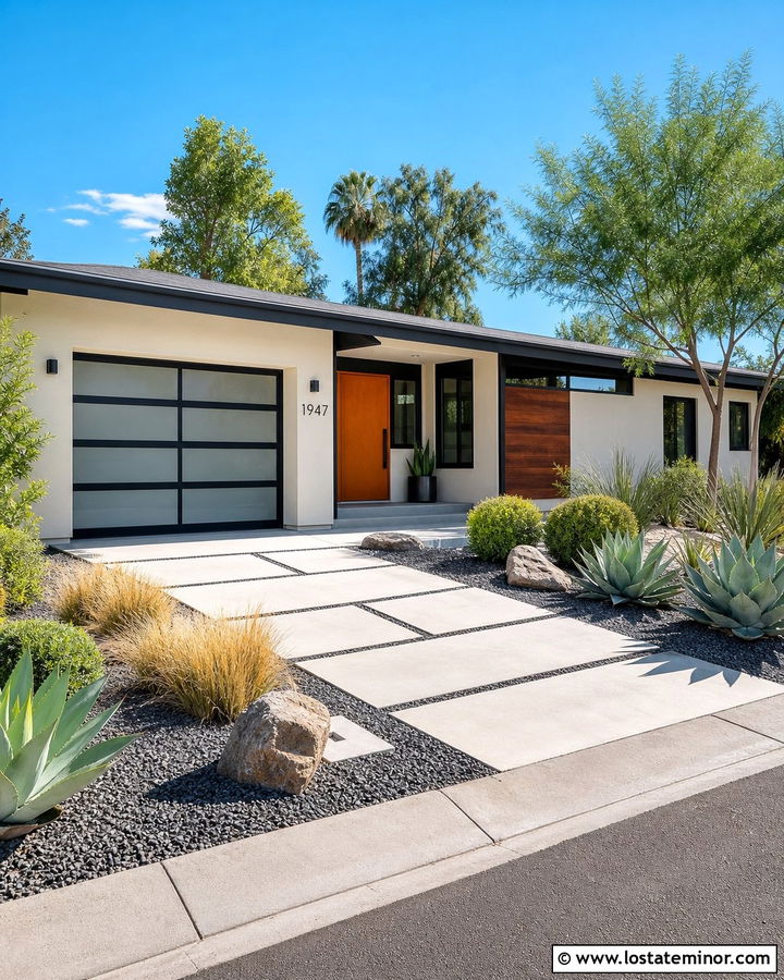 Off White Mid Century House With Geometric Driveway - 30 Off White House Design With Driveway Ideas