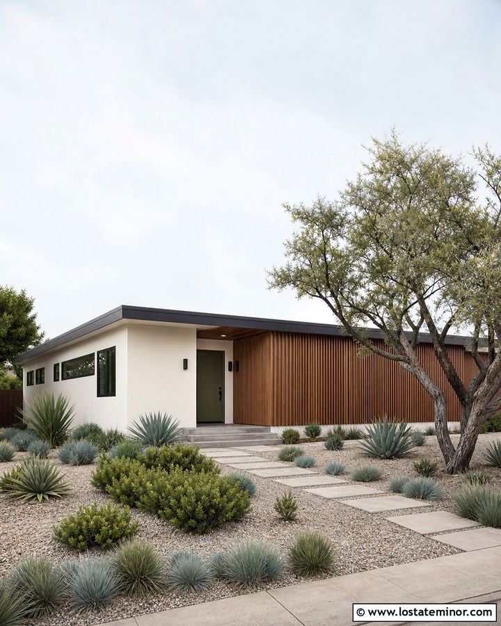 Off White Mid Century House With Gravel Landscaping - 30 Off White House Design With Landscaping Ideas