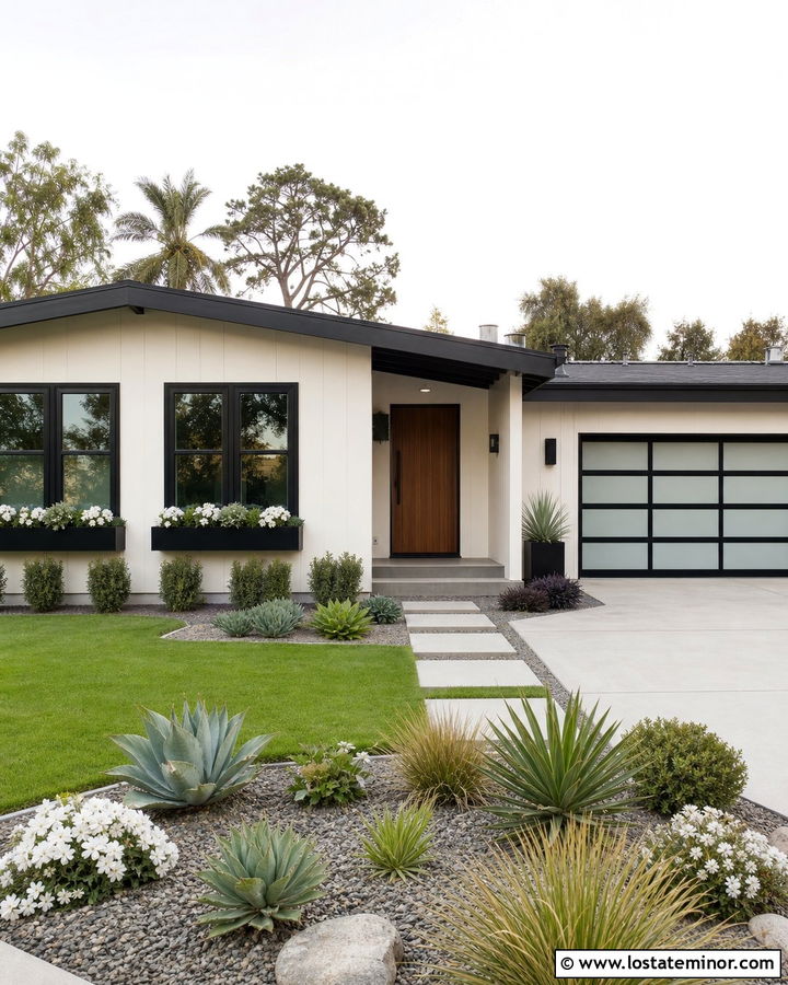 Off White Midcentury House With Black Window Boxes - 30 Off White House Design With Window Boxes Ideas