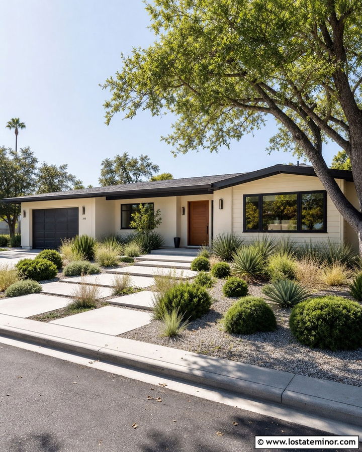 Off White Midcentury House With Geometric Walkway - 30 Off White House Design With Walkway Ideas