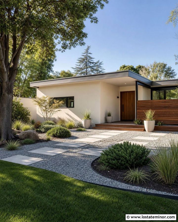 Off White Midcentury House With Gravel Courtyard - 30 Off White House Design With Backyard Ideas