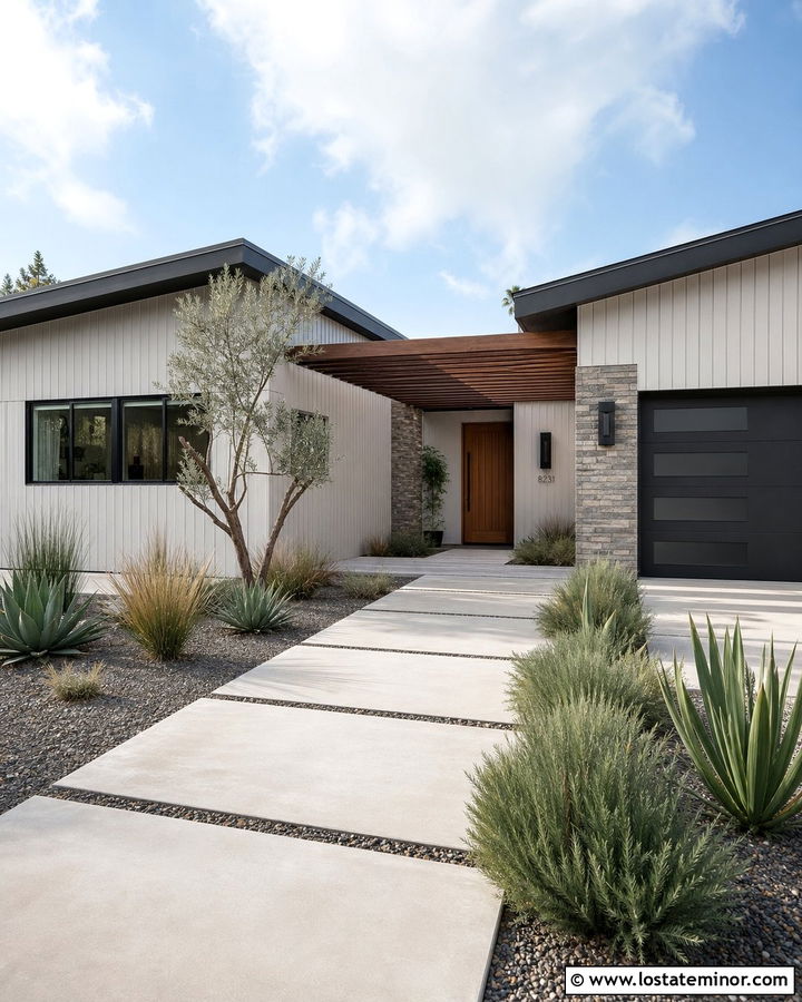 Off White Midcentury House With Slatted Pergola - 30 Off White House Design With Pergola Ideas