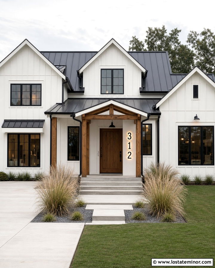 Off White Modern Farmhouse With Backlit Numbers - 30 Off White House Design With House Numbers Ideas
