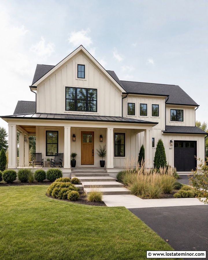 Off White Modern Farmhouse With Black Front Porch Accents - 30 Off White House Design With Front Porch Ideas