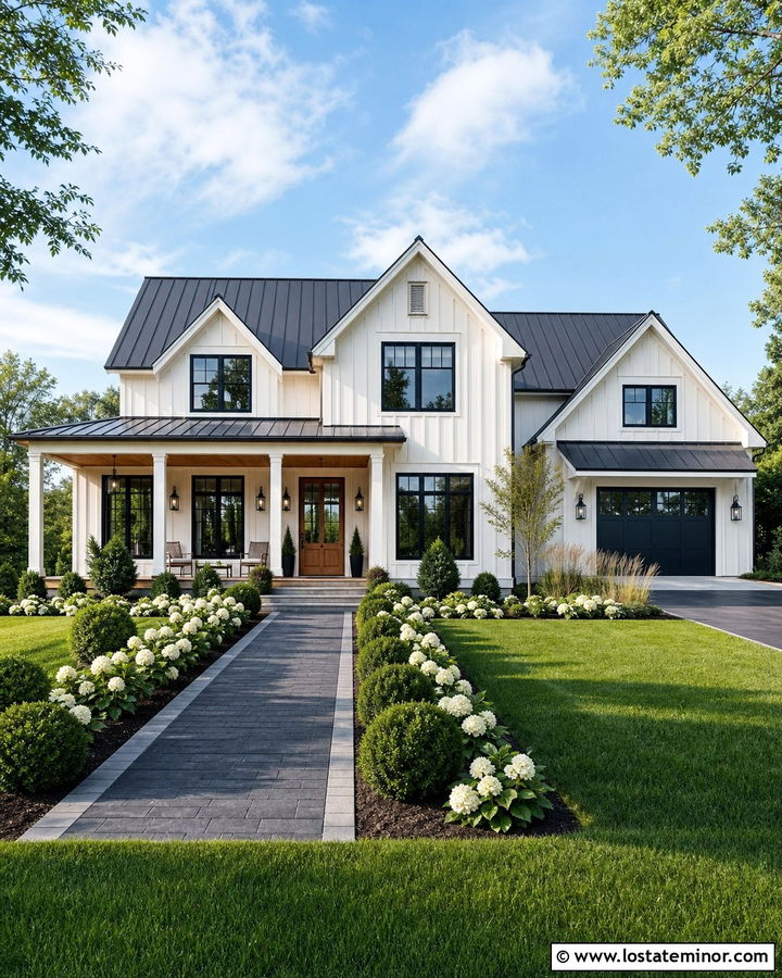 Off White Modern Farmhouse With Black Paver Walkway - 30 Off White House Design With Walkway Ideas