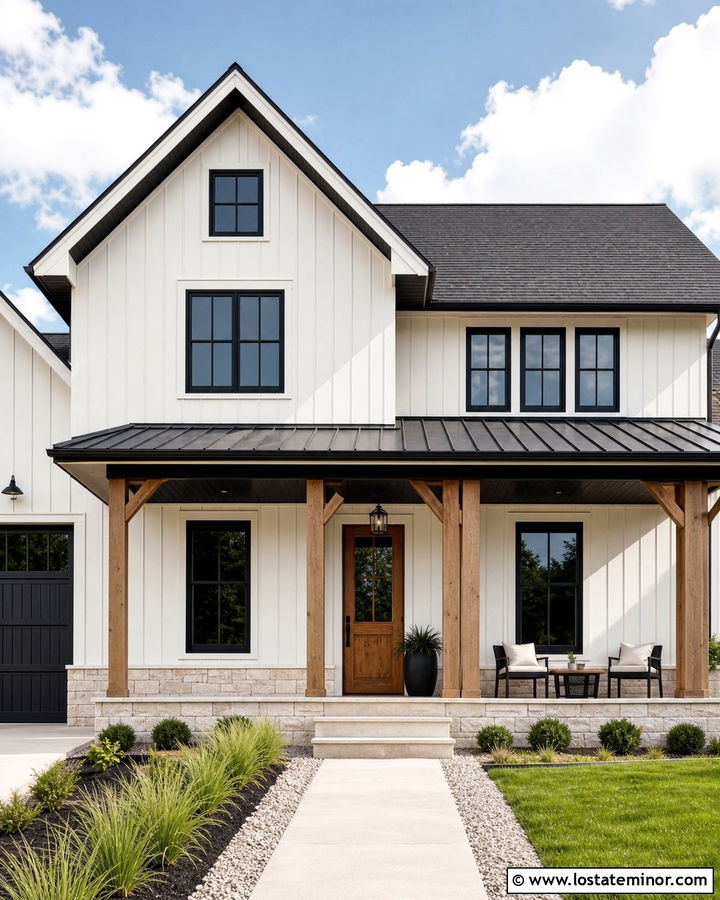 Off White Modern Farmhouse With Black Porch Ceiling - 30 Off White House Design With Porch Ceiling Ideas