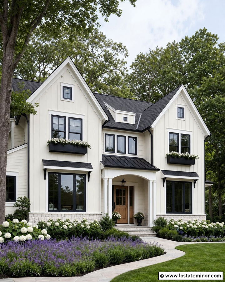 Off White Modern Farmhouse With Black Window Boxes - 30 Off White House Design With Window Boxes Ideas