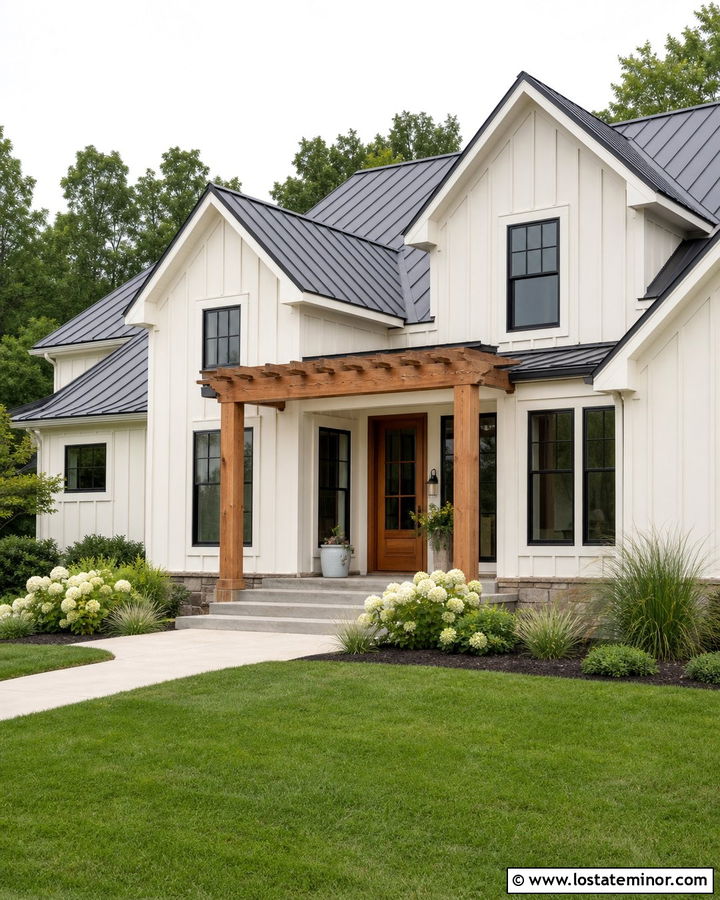 Off White Modern Farmhouse With Cedar Pergola - 30 Off White House Design With Pergola Ideas