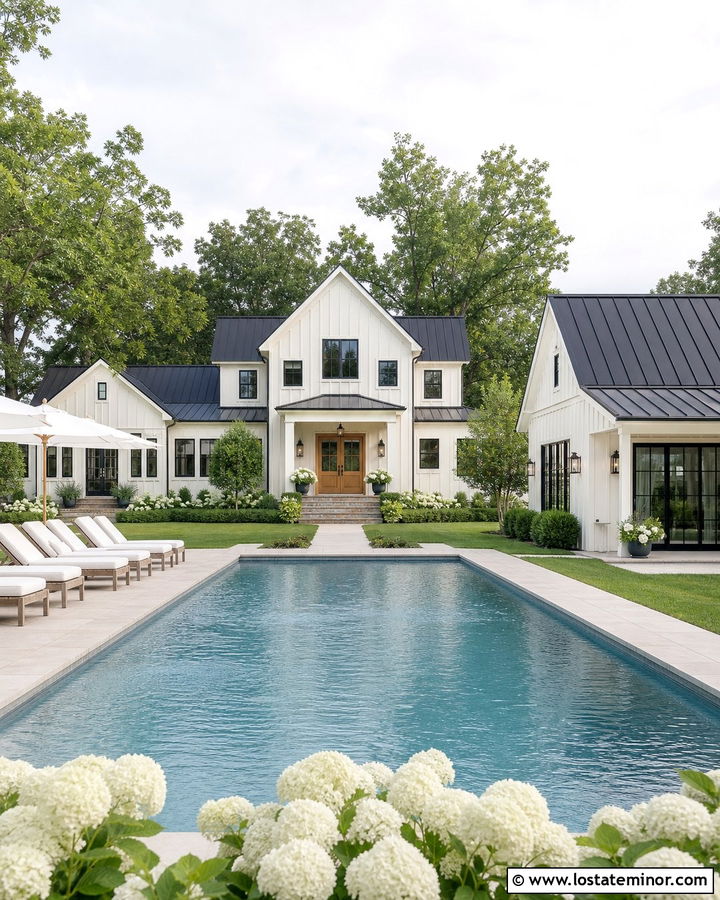 Off White Modern Farmhouse With Pool House - 30 Off White House Design With Swimming Pool Ideas