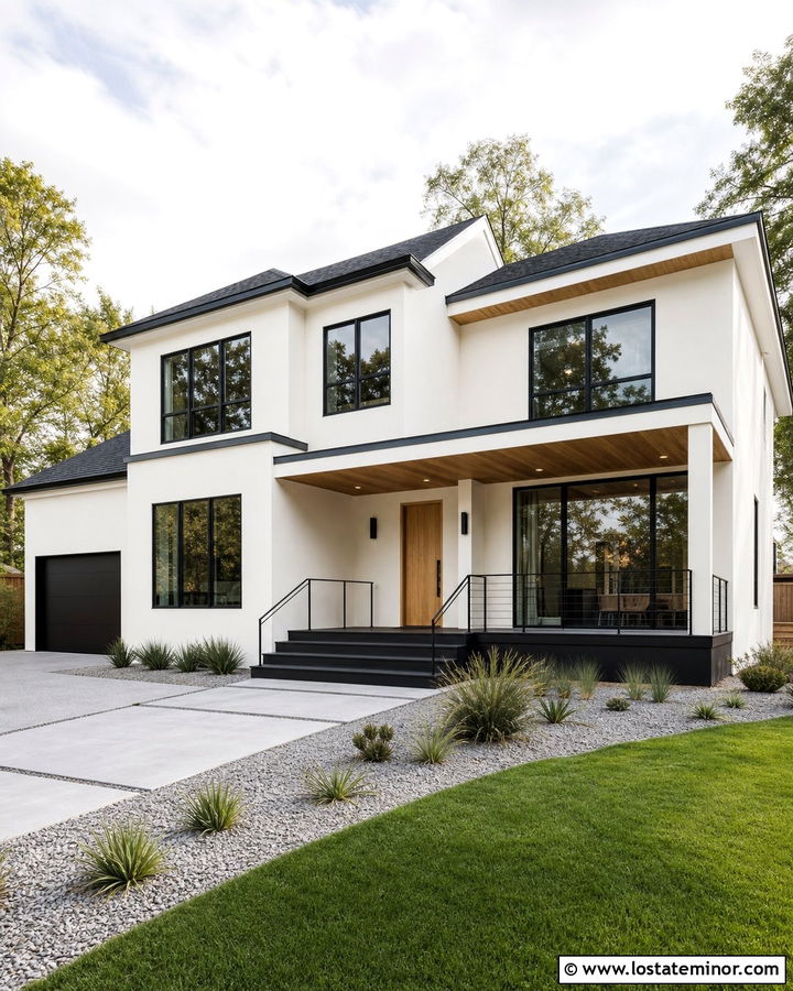 Off White Modern House With Black Deck - 30 Off White House Design With Deck Ideas