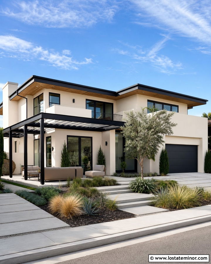 Off White Modern House With Black Pergola - 30 Off White House Design With Pergola Ideas