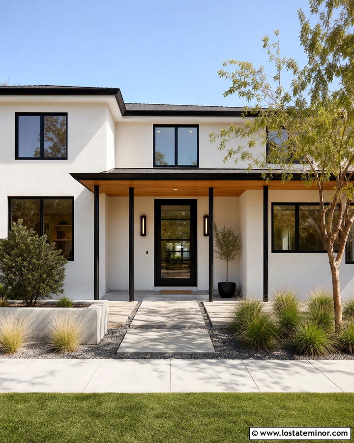 Off White Modern House With Black Porch Columns - 30 Off White House Design With Porch Columns Ideas