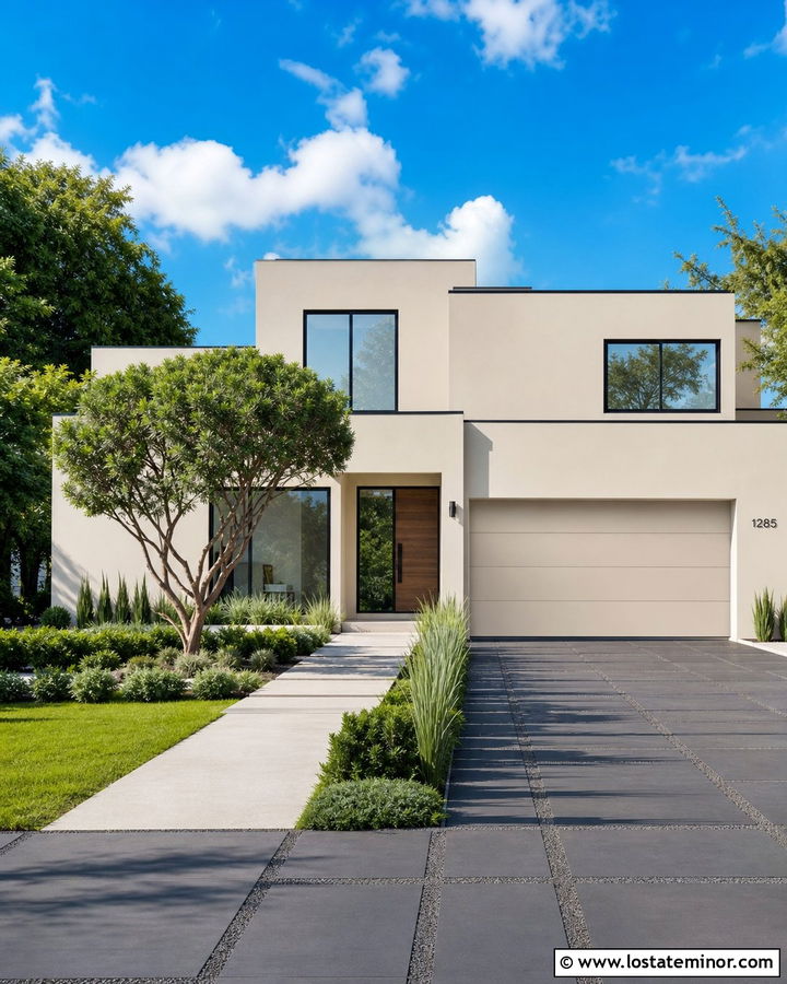 Off White Modern House With Charcoal Pavers - 30 Off White House Design With Driveway Ideas