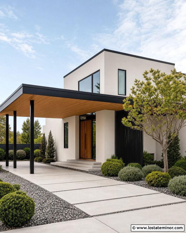 Off White Modern House With Flat Roof Carport - 30 Off White House Design With Carport Ideas