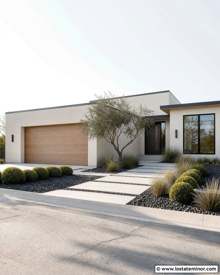Off White Modern House With Ornamental Grasses - 30 Off White House Design With Front Yard Ideas