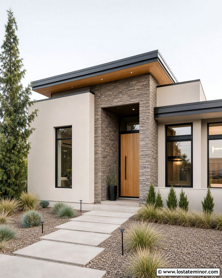 Off White Modern House With Stacked Stone - 30 Off White House Design With Stone Accents Ideas
