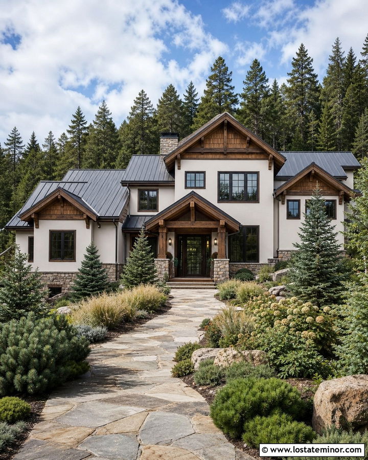 Off White Mountain House With Evergreen Landscaping - 30 Off White House Design With Landscaping Ideas